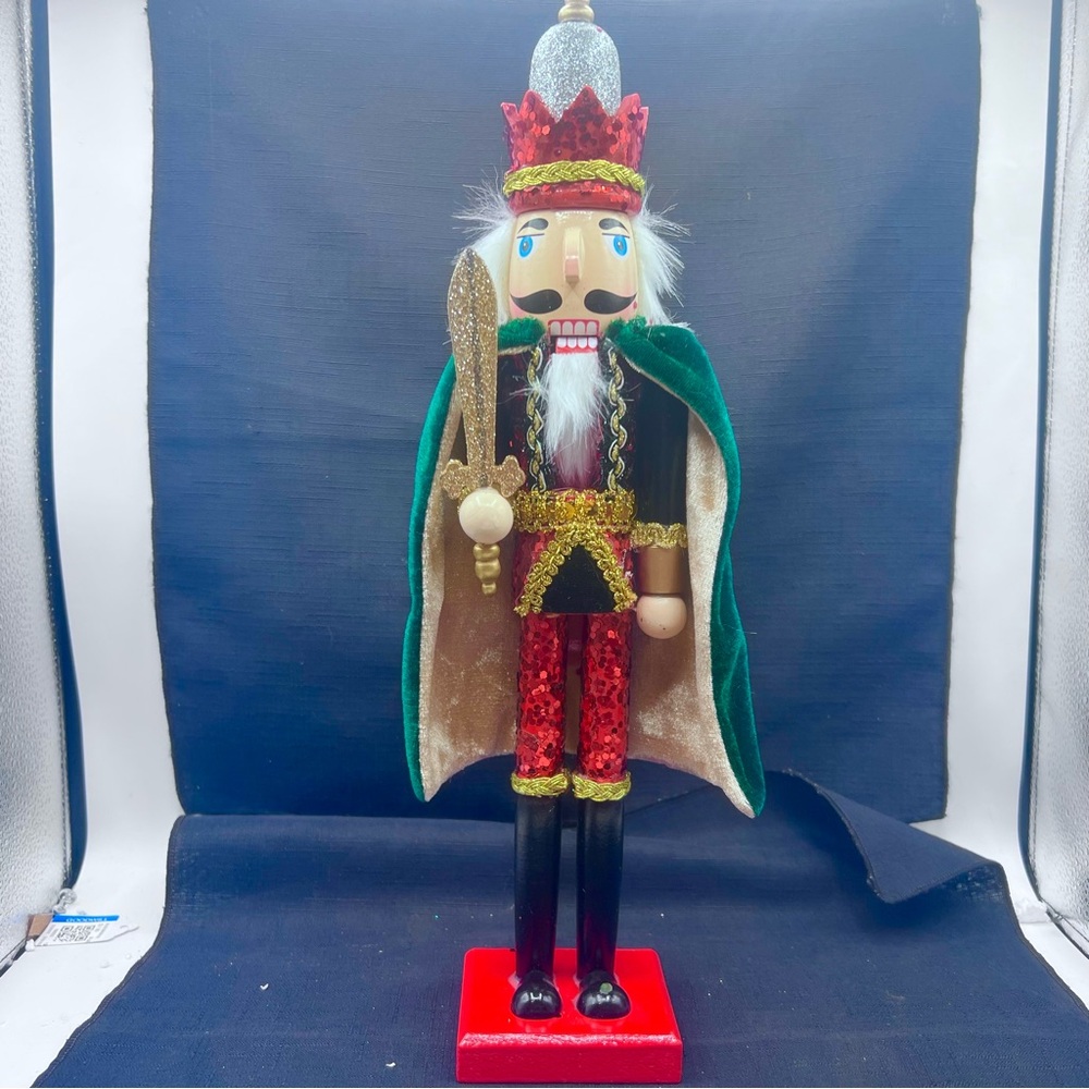 Nutcracker Wooden Glitter Sequins  with Velvet cape  Holding sword  16 in tall